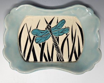 Dragonfly Sgraffito Ceramic Plate | Catch all Dish| Dragonfly Lover Gift Plate |  Ceramic Tray| Sgraffito Pottery | Dragonfly Pottery