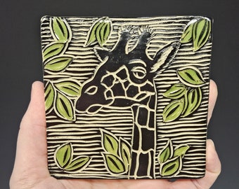 Handmade Sgraffito Giraffe Tile: Home Decor Art Tile with Green Leaves