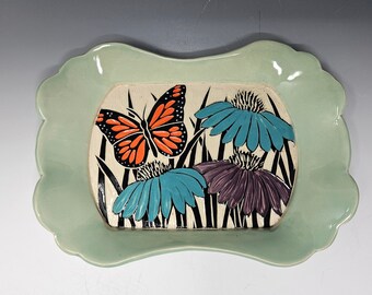 Monarch Sgraffito Ceramic Plate | Catch all Dish| Monarch Butterfly Lover Gift Plate |  Ceramic Tray| Sgraffito Pottery | Coneflower Pottery