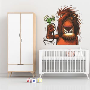 Stickers muraux lion fantaisiste, décoration de chambre d'enfant, oeuvre d'art murale pour chambre d'enfant, Stickers enfants rigolos, déco aventure dans la jungle, décalcomanie chambre d'enfant