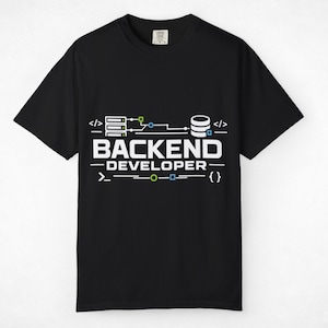 May include: A black short-sleeved t-shirt featuring a white graphic print that reads BACKEND DEVELOPER. The design includes server and database icons, coding brackets, and small coloured squares and circles connected by thin white lines.