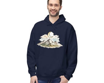 Sweat à capuche Mountain Moon | Pull pour amoureux de la nature | Sweat-shirt paysage minimaliste | Cadeau d'extérieur | Sweat à capuche de randonnée | Vêtements de nature sauvage