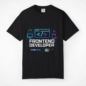May include: A black short-sleeved t-shirt featuring a graphic print with the text FRONTEND DEVELOPER in white. The design includes blue and purple icons of a computer monitor, a browser window with code brackets, and a mobile phone device.