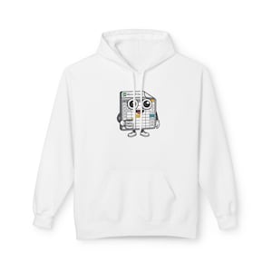 Puede incluir: Sudadera con capucha blanca con un personaje de hoja de cálculo de Excel de dibujos animados. La hoja de cálculo tiene un borde verde y amarillo y las palabras "DATA POWER" son visibles. El personaje tiene brazos, piernas y ojos.