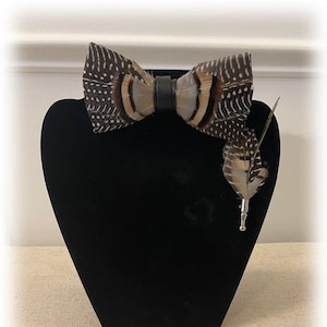 Brown and Speckled Feather Bow Tie w/ matching Lapel Pin