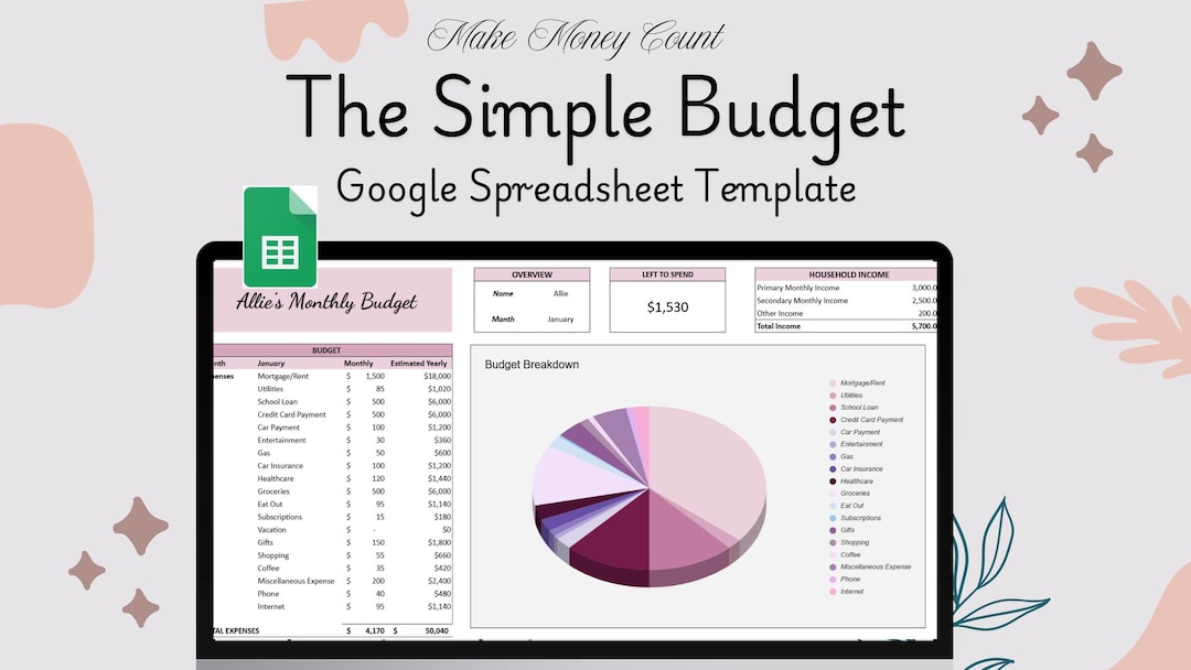 Simple Budget Spreadsheet | Google Sheets Template (digital Download ...