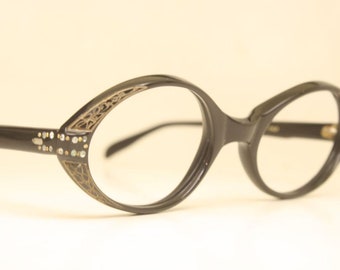 Unused Vintage Black Rhinestone Cat Eye Glasses