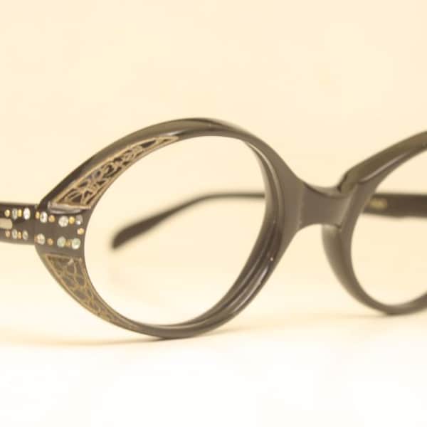 Unused Vintage Black Rhinestone Cat Eye Glasses