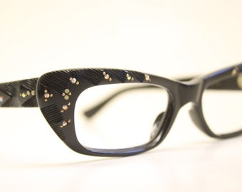 Small Unused Black Rhinestone Cat Eye Glasses New Old Stock