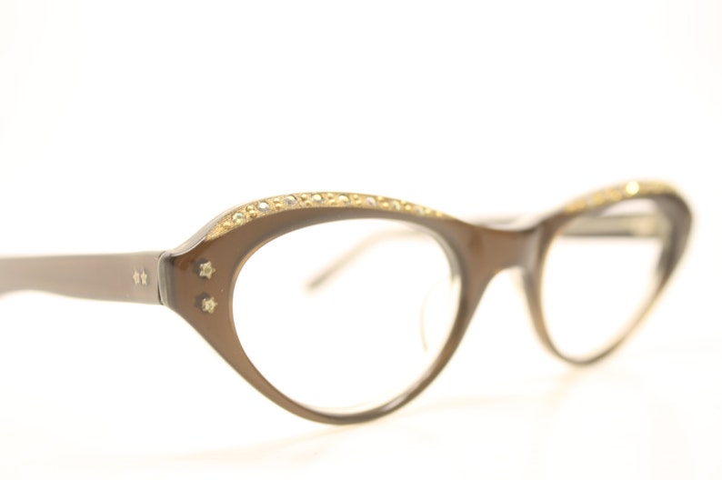 NOS Rhinestone Cat Eye Glasses Cateye Eyeglasses NOS Vintage Brown image 1