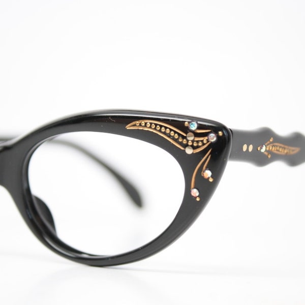 Black cat eye glasses vintage rhinestone cateye frames NOS