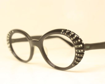 Oval Vintage Rhinestone cat eye glasses Black 1960s glasses NOS