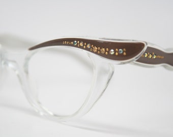 Mink Clear Rhinestone Cat Eye Glasses Unused Vintage