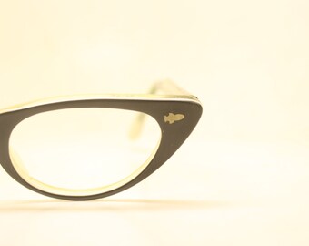 Vintage Cat Eye Glasses Black/White Outline Small 1960s Glasses Unused