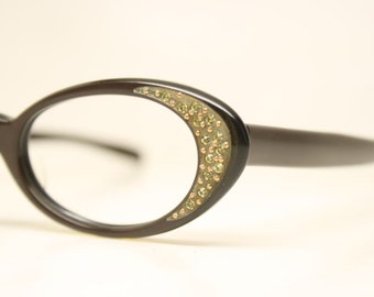 Small vintage cat eye glasses Brown Rhinestone unused frames