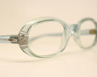 Unused Blue Oval Rhinestone Vintage Cat Eye Glasses