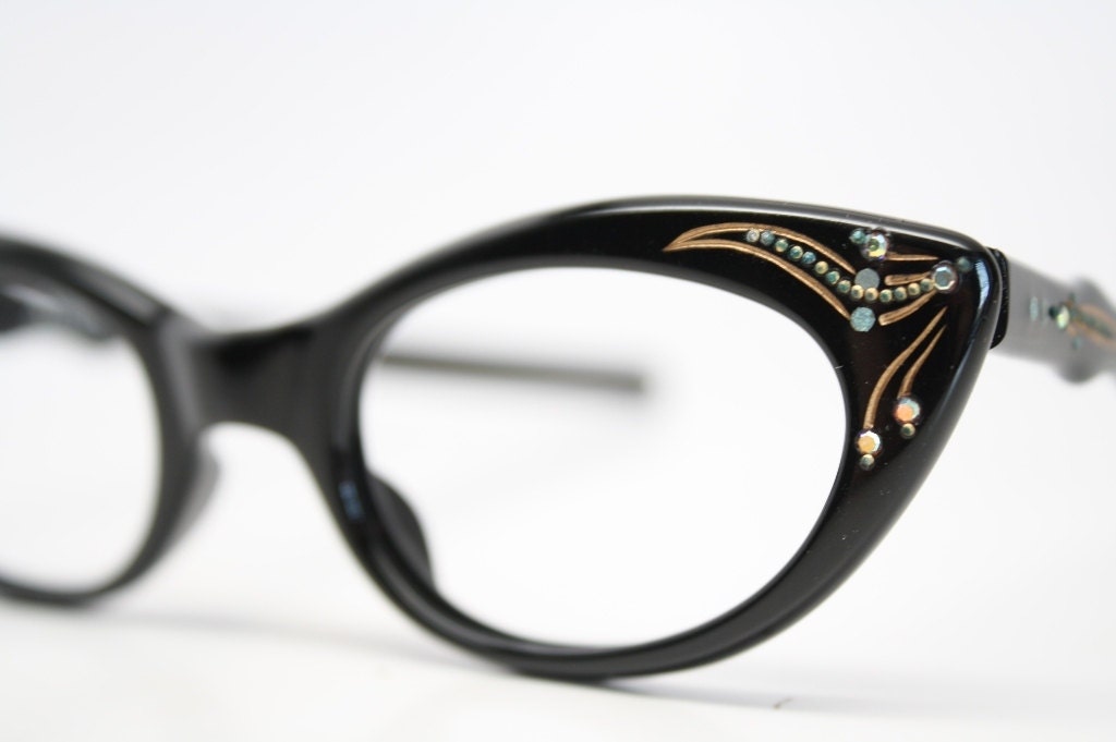 Black cat eye glasses vintage rhinestone cateye frames NOS