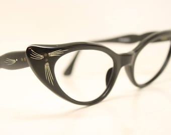 Vintage 1950s Winged Cat Eye Sunglasses: Black Rhinestone  display picture 1