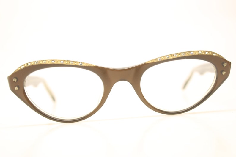 NOS Rhinestone Cat Eye Glasses Cateye Eyeglasses NOS Vintage Brown image 3