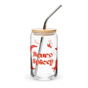 Neurospicey Glass Tumbler – Funny ADHD Can-Shaped Cup with Bamboo Lid & Straw | 16oz Iced Coffee Glass for Neurodivergent Gifts