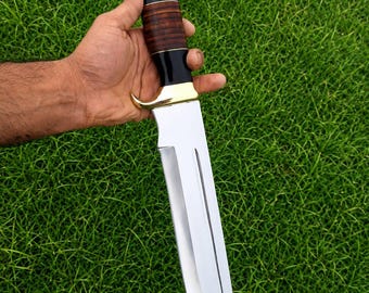 手作りのD2鋼製ハンティングナイフ、17.5インチ固定刃ナイフ、黒樹脂製ハンドル、本革製シース付き、キャンプ、サバイバル、ブッシュクラフトギフト