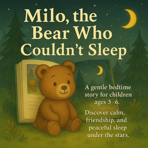 Milo, the Bear Who Couldn’t Sleep, bedtime story for kids, printable PDF, gentle illustrated storybook, sleep & calm book for children