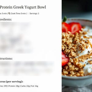 K&ouml;nnte beinhalten: Eine Sch&uuml;ssel mit griechischem Joghurt, belegt mit Granola, Erdbeeren und einem Schuss Erdnussbutter. Die Joghurtschale ist eine proteinreiche Fr&uuml;hst&uuml;cks- oder Snack-Option. Zubereitungszeit: 5 Minuten. Kochzeit: 0 Minuten. Portionen: 1. Kalorien: 390. Protein: 38 g. Kohlenhydrate: 22 g. Fett: 16 g.
