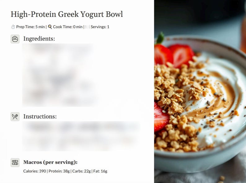 K&ouml;nnte beinhalten: Eine Sch&uuml;ssel mit griechischem Joghurt, belegt mit Granola, Erdbeeren und einem Schuss Erdnussbutter. Die Joghurtschale ist eine proteinreiche Fr&uuml;hst&uuml;cks- oder Snack-Option. Zubereitungszeit: 5 Minuten. Kochzeit: 0 Minuten. Portionen: 1. Kalorien: 390. Protein: 38 g. Kohlenhydrate: 22 g. Fett: 16 g.
