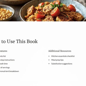 K&ouml;nnte beinhalten: Eine Seite aus einem Kochbuch mit einer Liste von Rezepteigenschaften und zus&auml;tzlichen Ressourcen. Die Eigenschaften umfassen eine Zutatenliste, Schritt-f&uuml;r-Schritt-Anleitungen, Vorbereitungszeit und Kochzeit, Anzahl der Portionen und eine vollst&auml;ndige Aufschl&uuml;sselung der Makron&auml;hrstoffe. Die zus&auml;tzlichen Ressourcen umfassen eine Checkliste f&uuml;r K&uuml;chenutensilien, Tipps zur Essensvorbereitung und Substitutionsvorschl&auml;ge.