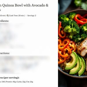 K&ouml;nnte beinhalten: Eine Sch&uuml;ssel Quinoa mit H&uuml;hnchen, Avocado, Brokkoli und roten Paprika. Die Sch&uuml;ssel steht auf einem Holztisch. Der Text "Chicken Quinoa Bowl with Avocado & Veggies" befindet sich oben im Bild. Der Text "Prep Time: 10 min | Cook Time: 20 min | Servings: 2" befindet sich unter dem Titel. Der Text "Ingredients:" befindet sich unter den Vorbereitungs- und Garzeiten. Der Text "Instructions:" befindet sich unter den Zutaten. Der Text "Macros (per serving): Calories: 540 | Protein: 40g | Carbs: 32g | Fat: 26g" befindet sich unten im Bild.