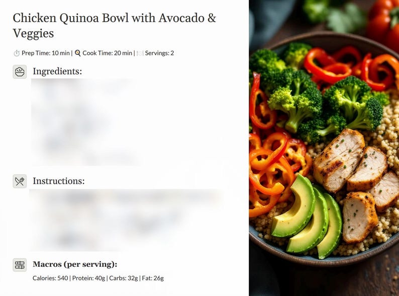 K&ouml;nnte beinhalten: Eine Sch&uuml;ssel Quinoa mit H&uuml;hnchen, Avocado, Brokkoli und roten Paprika. Die Sch&uuml;ssel steht auf einem Holztisch. Der Text "Chicken Quinoa Bowl with Avocado & Veggies" befindet sich oben im Bild. Der Text "Prep Time: 10 min | Cook Time: 20 min | Servings: 2" befindet sich unter dem Titel. Der Text "Ingredients:" befindet sich unter den Vorbereitungs- und Garzeiten. Der Text "Instructions:" befindet sich unter den Zutaten. Der Text "Macros (per serving): Calories: 540 | Protein: 40g | Carbs: 32g | Fat: 26g" befindet sich unten im Bild.