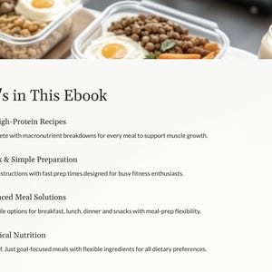 K&ouml;nnte beinhalten: Ein wei&szlig;er Hintergrund mit dem Text "What's in This Ebook" und vier Aufz&auml;hlungspunkten mit Symbolen. Die Aufz&auml;hlungspunkte beschreiben den Inhalt eines E-Books, darunter 20 proteinreiche Rezepte, schnelle und einfache Zubereitung, ausgewogene Mahlzeitenl&ouml;sungen und praktische Ern&auml;hrung.