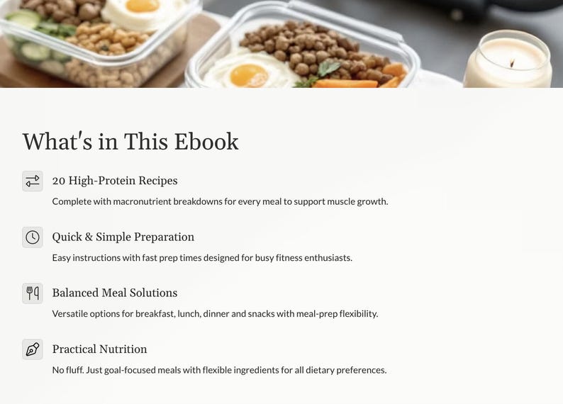 K&ouml;nnte beinhalten: Ein wei&szlig;er Hintergrund mit dem Text "What's in This Ebook" und vier Aufz&auml;hlungspunkten mit Symbolen. Die Aufz&auml;hlungspunkte beschreiben den Inhalt eines E-Books, darunter 20 proteinreiche Rezepte, schnelle und einfache Zubereitung, ausgewogene Mahlzeitenl&ouml;sungen und praktische Ern&auml;hrung.