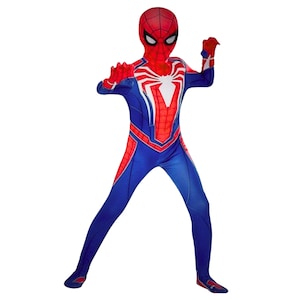 Superhero Kids Halloween Cosplay Costume | Red Blue Web Hero Jumpsuit with Mask | Boys Dress-Up Outfit