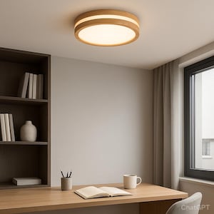 May include: A circular wooden ceiling light with a white, illuminated centre. The light fitting has a natural wood grain finish and is mounted on a white ceiling. The room also features a wooden desk, a bookshelf, and a window with a grey curtain.