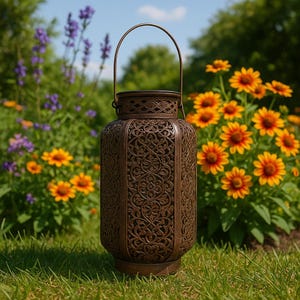 Metal Solar Lamp, Decorative Lawn Night Fixture, Waterproof Landscape Home lighting for garden or balcony, Hammered Indoor/Outdoor Lantern.