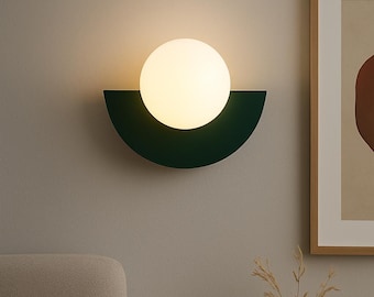 Modern Globe Wall Sconce Half-Circle Light Fixture, Minimalist Metal Wall Lamp Living Room, Black White Pink Yellow Green, Lighting for Room