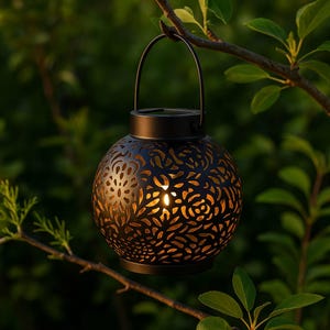 Solar-powered lantern with floral cutouts, casts warm light and patterns. Perfect for garden decor, eco-friendly and charmingly elegant.