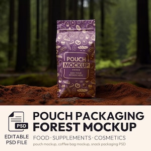 May include: A purple pouch mockup with a repeating pattern of food-related icons, including bread and pastries. The pouch has the words "POUCH MOCKUP" and "ADD YOUR DESIGN HERE" printed on it. The background is a forest setting.