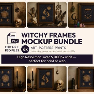 以下が含まれることがあります： 魔女をテーマにした、額装されたアートプリント6枚のモックアップバンドル。プリントは、暗い青色の背景に金色の天体と神秘的なデザインが特徴です。画像には、骸骨、ろうそく、その他の装飾要素が含まれています。画像には「Witchy Frames Mockup Bundle」と書かれています。