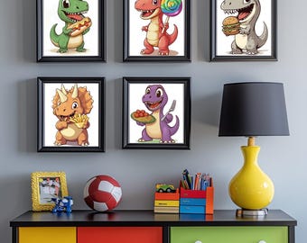 Dinosaur Food Art For Kids Room Art Dinosaurs Eating Food Picture Dinosaur Art For Boys Room Poster Dinosaur Pizza Art Fun Pictures For Kids