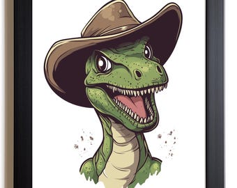 Arte de dinosaurio vaquero para habitación infantil, imagen de dinosaurios para habitación infantil, póster de dinosaurio, decoración de pared de vaquero, póster de dinosaurio para sala de juegos.