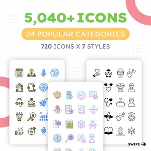 Peut inclure: Une conception graphique présentant trois maquettes d'interface numérique avec des icônes. Le texte supérieur indique "5,040+ ICONS" en vert, avec "24 POPULAR CATEGORIES" en jaune. Le texte inférieur indique "720 ICONS X 7 STYLES".