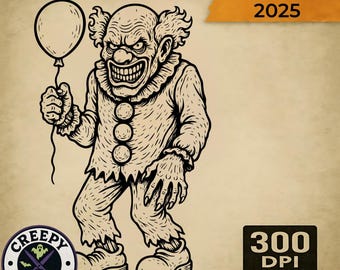 May include: A black and white illustration of a menacing clown holding a balloon. The clown has a sinister grin and is wearing a ruffled collar and buttoned outfit. The image includes the text "Halloween 2025" and "Creepy Cutouts".