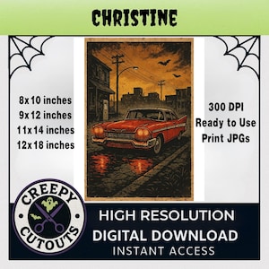 Christine Horror Car Poster | Vintage Killer Car Wall Art | Retro Halloween Decor | High-Res JPG Download – 8x10 9x12 11x14 12x18