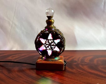 Ornate Perfume Bottle Meditation Light - Mahogany Base, Calming Breathing Lamp for Relaxation