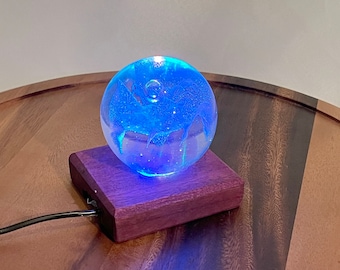 Floral Glass Sphere Meditation Light - Purpleheart Wood Base, Relaxing Breathing Lamp