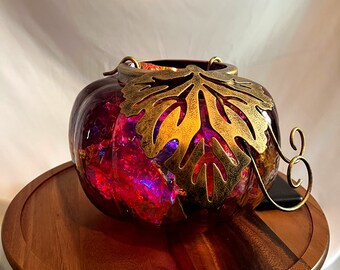 10" Pumpkin Lantern Light - Glass with Metal Leaves, Relaxing Breathing Lamp for Mindfulness