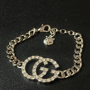 Vintage Gucci VTG GG Silver Chain Charm Bracelet GG Monogram Rhinestones Logo Tiger Luxury