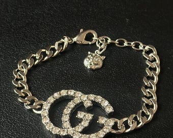 Vintage Gucci VTG GG Silver Chain Charm Bracelet GG Monogram Rhinestones Logo Tiger Luxury